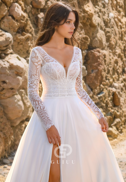 A-Line V Neck Log Sleeves Lace Wedding Dress with High Side Slit and Train