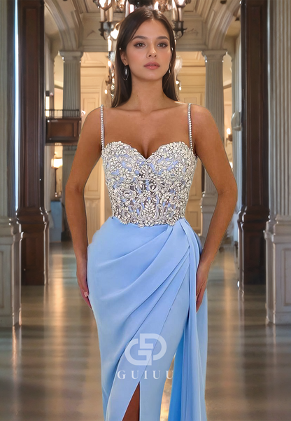 Sheath Strapless Straps Sleeveless Appliques Pleated Long Prom Dress with High Side Slit and Train