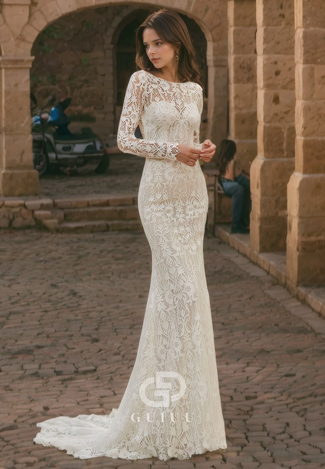 Mermaid High Neck Long Sleeves Fully Lace Wedding Dress with Train