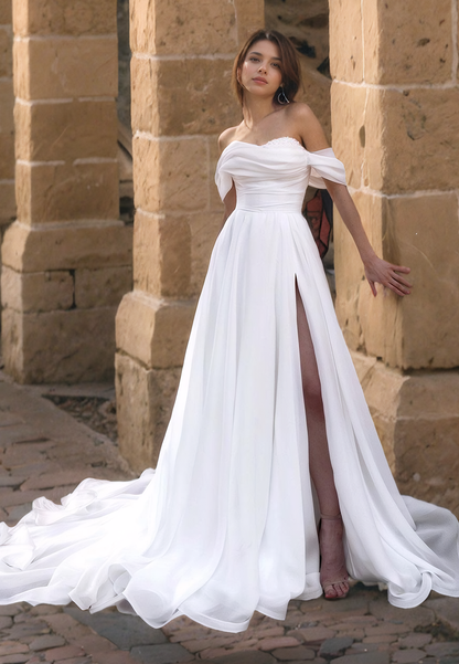 A-Line Off Shoulder Sleeveles Pleated Long Wedding Dress with High Side Slit and Train