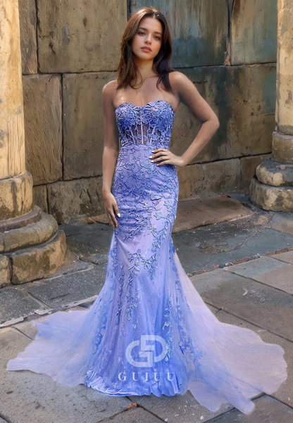 Mermaid Strapless Sleeveless Appliques Long Prom Dress with Train