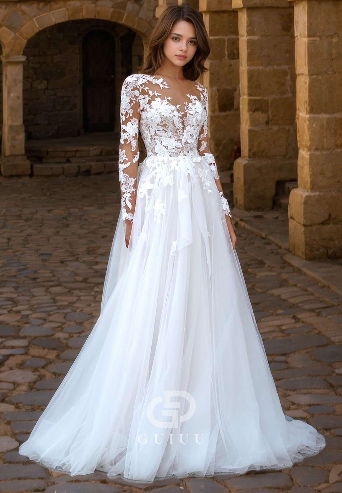 GW1045 - A-Line V Neck Long Sleeves Appliques Tulle Beach Wedding Dress