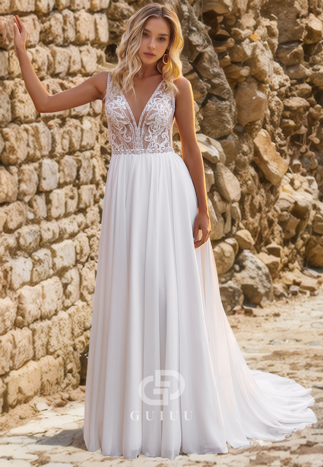 A-Line V Neck Sleeveless Straps Appliques Wedding Dress with Train