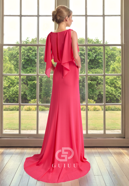 Elegant Sheath V Neck Sleeveless Ruffles Pleated Back Zipper Mother of Bride Dress with Train