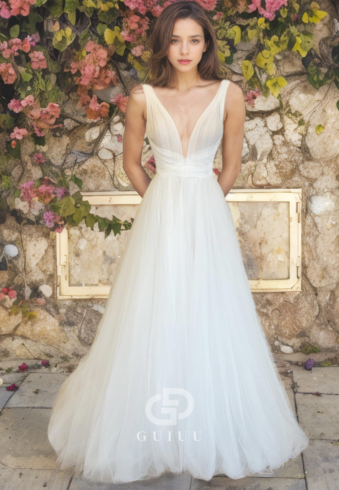 A-Line V Neck Straps Sleeveless Tulle Pleated Wedding Dress with Train