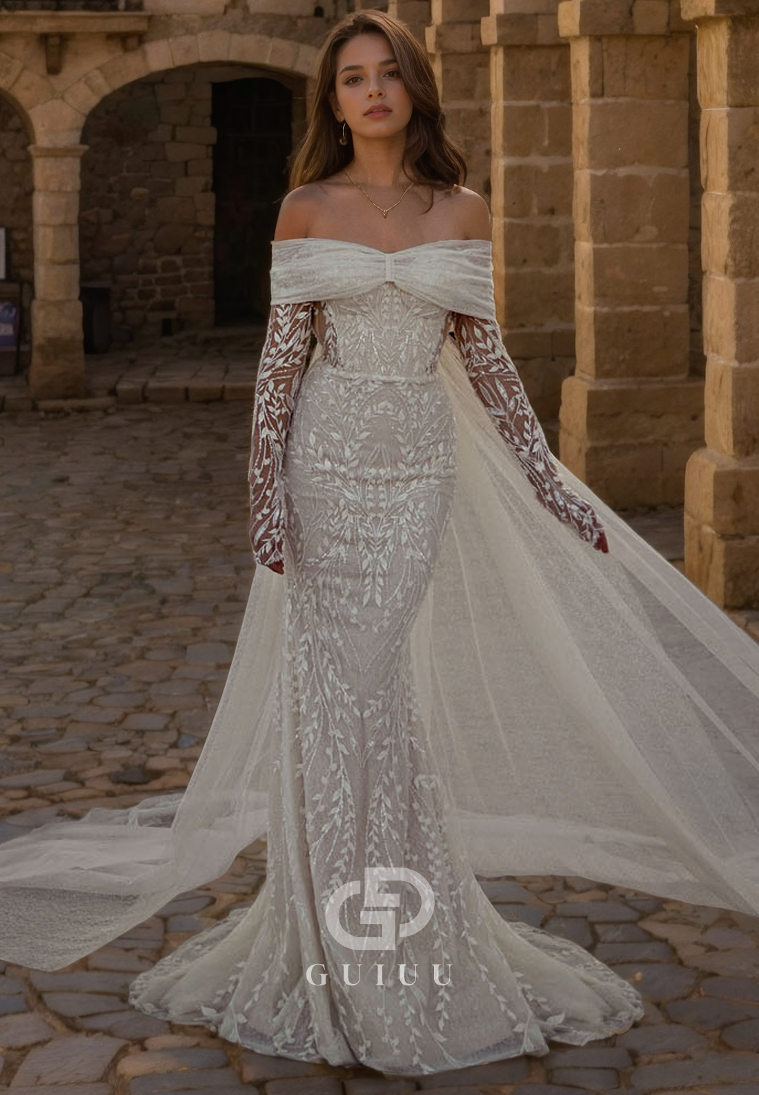 Mermaid Off Shoulder Long Sleeves Fully Lace Appliques Wedding Dress with Train