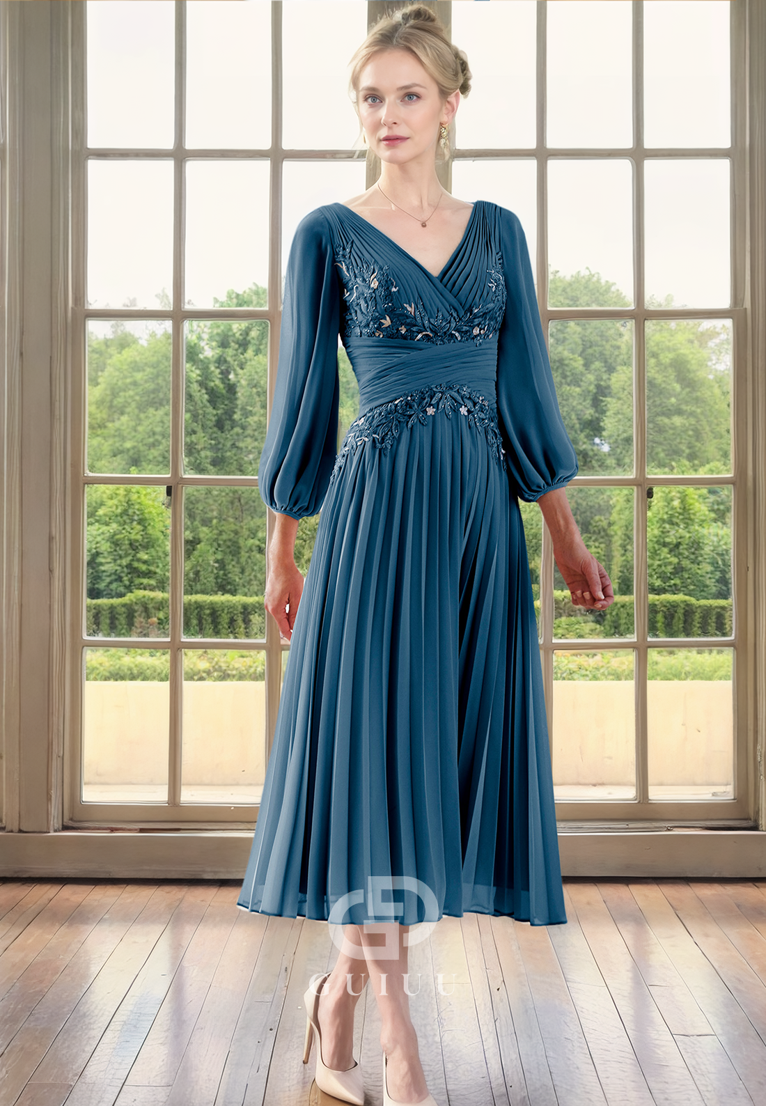 A-Line V Neck 34 Length Sleeves Pleated Appliques Tea Length Mother of Bride Dress