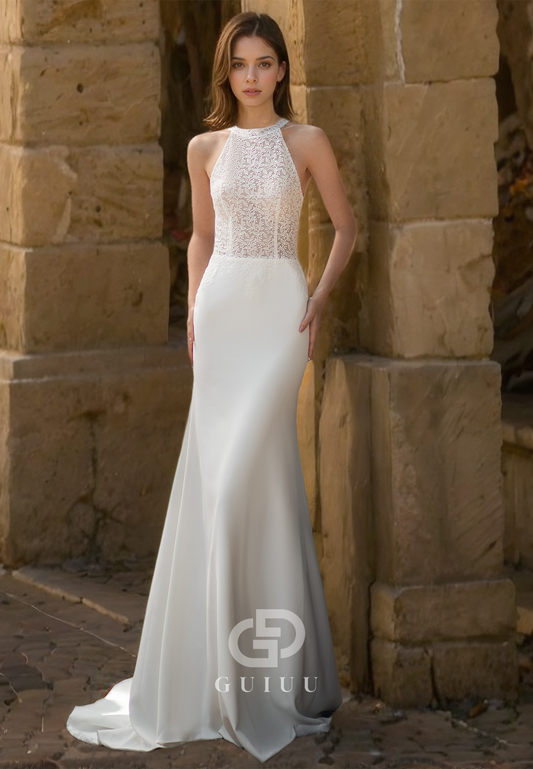 Halter Sheath Lace Apliques Wedding Dress with Beads