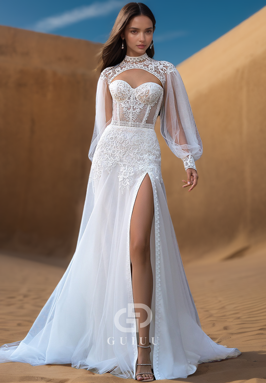 High Neck Long Sleeves Side Slit Empire-Waist Boho Wedding Dress