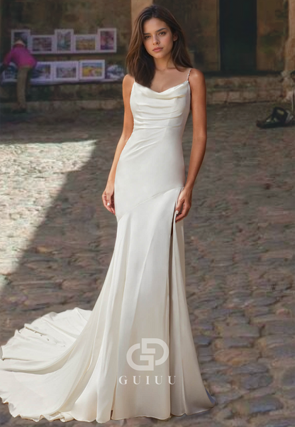 Trumpet Ivory Ruched Long V-Neck Wedding Dress with Spaghetti Straps and Side Slit