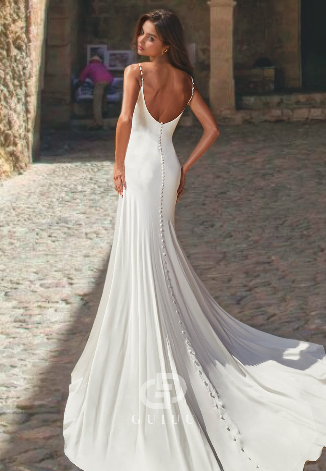 Trumpet Ivory Ruched Long V-Neck Wedding Dress with Spaghetti Straps and Side Slit