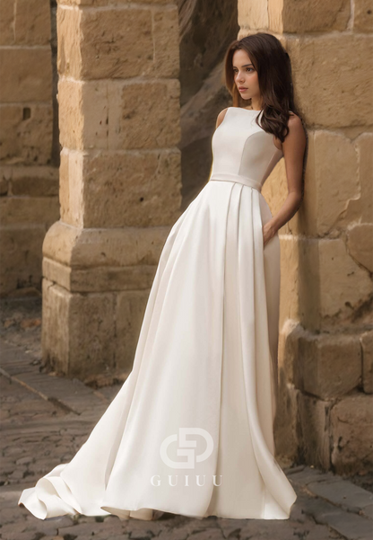 Jewel Pleated Simple A-Line Lace Appliques Wedding Dress with Pockets Buttons