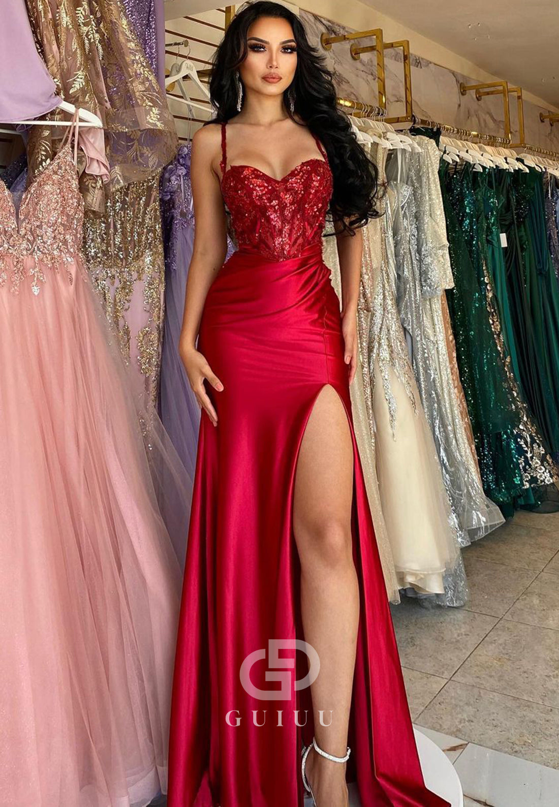 G2455 - Sexy Hot Sequins Straps Long Evening Prom Dress With Silt