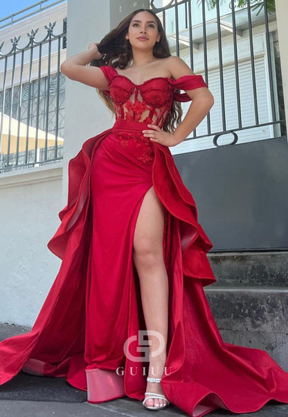 G2496 - Classic A-Line Red Off-Shoulder Sheer Long Evening Prom Dress