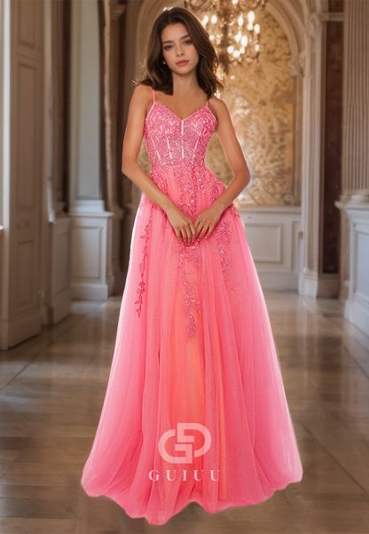 A-Line Flamingo Lace-Up Beaded Ornate Prom Dress with Lace Appliques Sleeveless