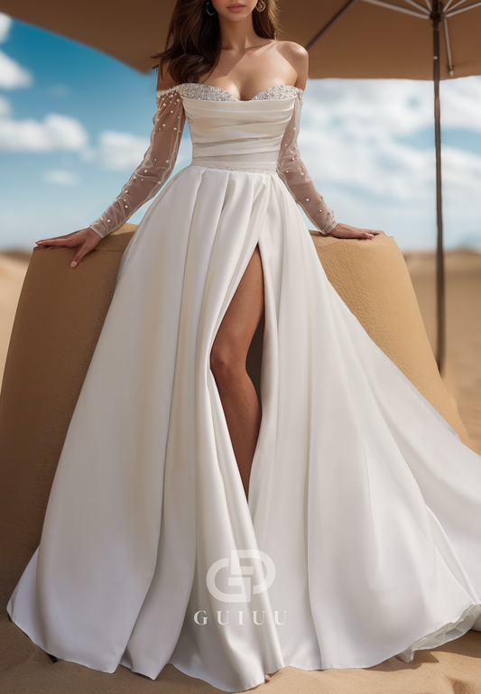 Lace Long Sleeves A-Line Sweetheart Slit Satin Wedding Dress