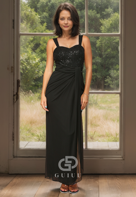 Lace Ruched Sheath Sweetheart Black Mother of Bride Dress Side Slit Formal Dress with Sequins