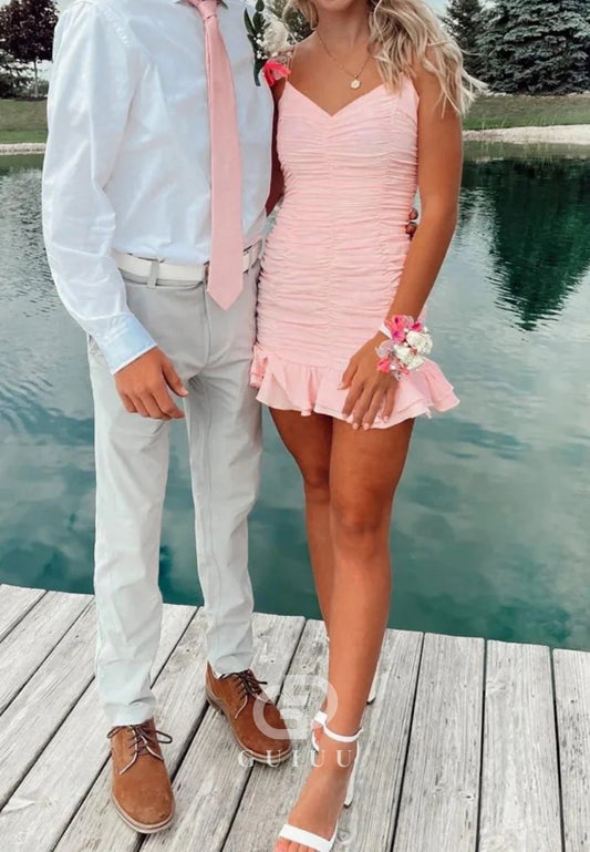 Light Pink Ruched V-Neck Mini Homecoming Dress with Ruffled