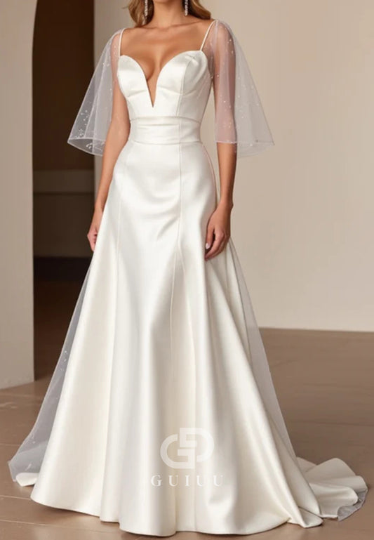 Long Sleeves Satin Wedding Dress  & Embellished Deep V-Neck