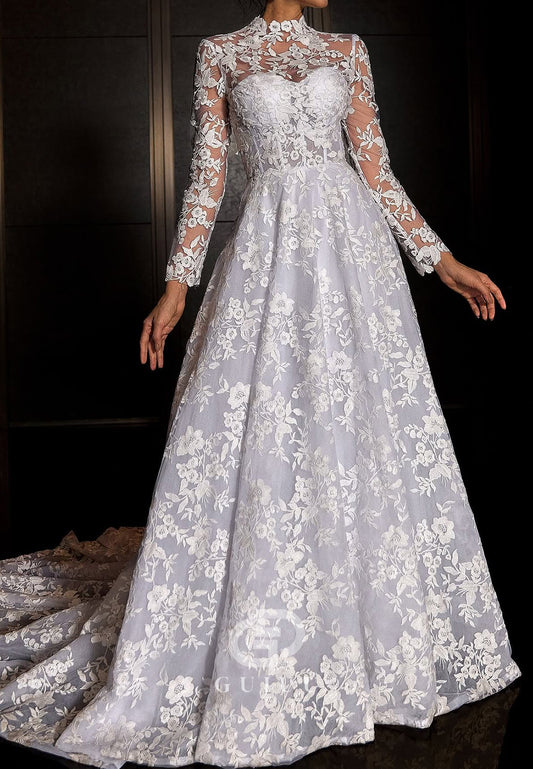 Long Sleeves High Neck Appliques Corset Wedding Dress