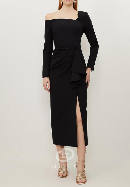 Long Sleeves Long Sleeves Slit Knee-Length Work Dress