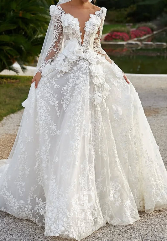 Long Sleeves Sweetheart Floral Appliques A-Line Wedding Dress