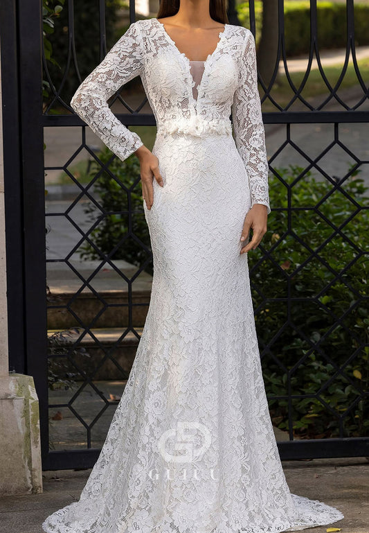 Long Sleeves V-Neck Corset Empire-Waist Lace Wedding Dress