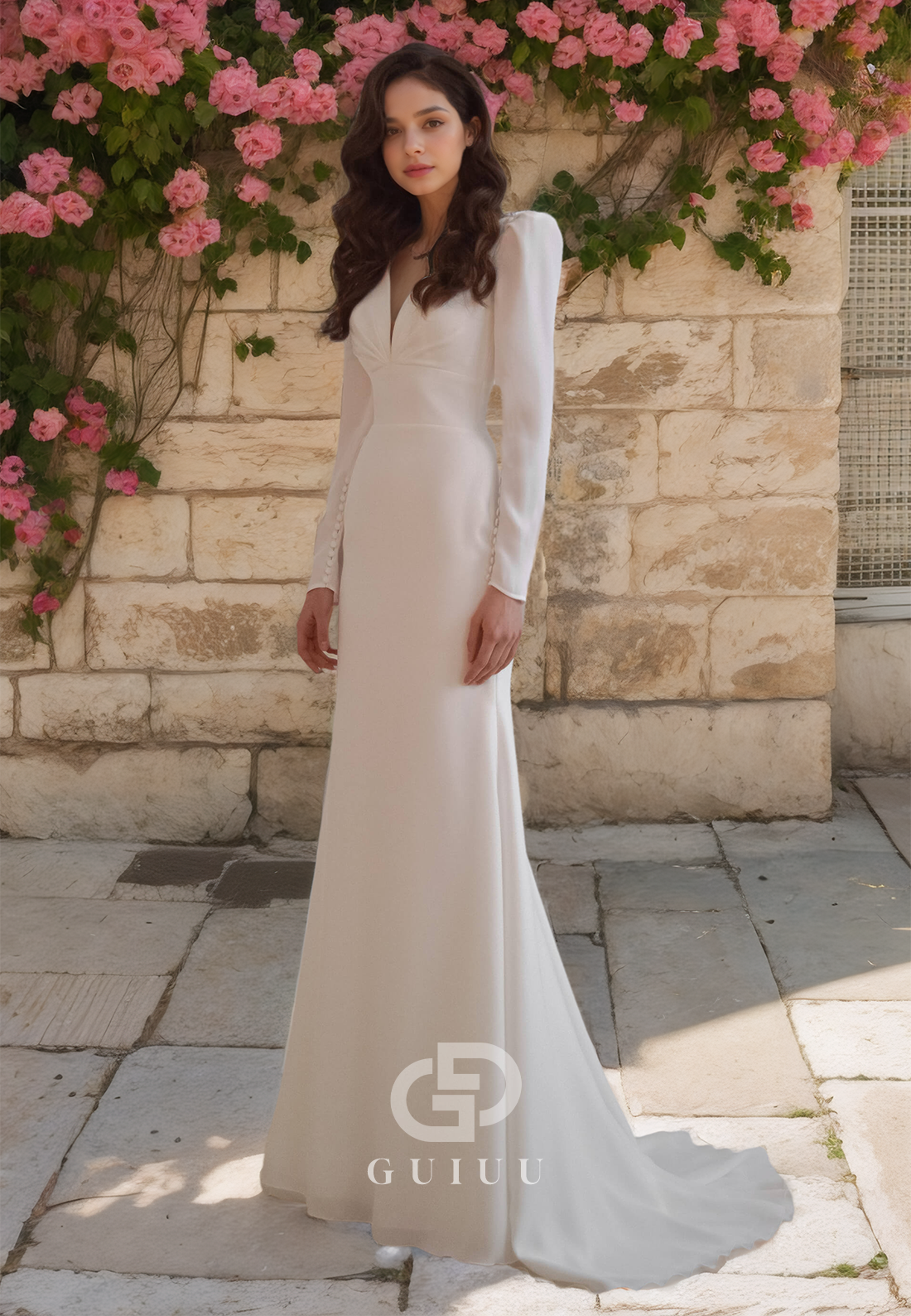 Long Sleeves V-Neck Draped Simple Wedding Dress with Sweep Train