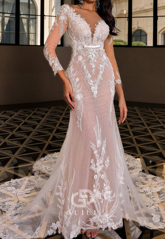 Long Sleeves V-Neck Floral Appliques Sweep Train Lace Wedding Dress