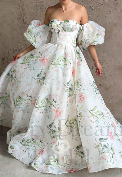 Charming A-Line Off-Shoulder Long Sleeves Floral Printed Romantic Wedding Dress
