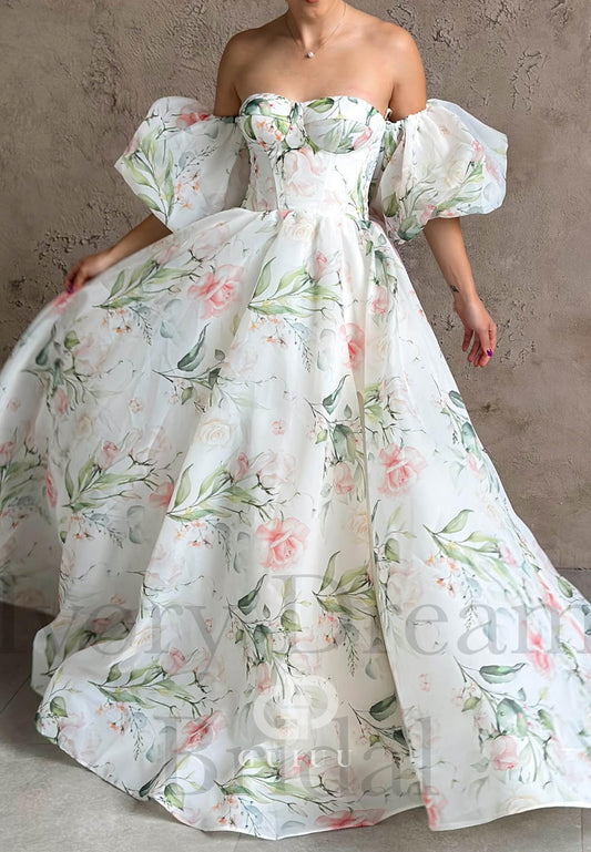 Charming A-Line Off-Shoulder Long Sleeves Floral Printed Romantic Wedding Dress
