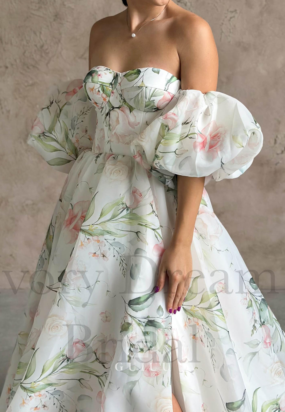 Charming A-Line Off-Shoulder Long Sleeves Floral Printed Romantic Wedding Dress