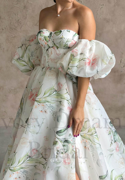 Charming A-Line Off-Shoulder Long Sleeves Floral Printed Romantic Wedding Dress