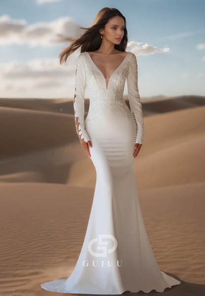 Mermaid Long Sleeves V-Neck Backless Appliques Satin Wedding Dress