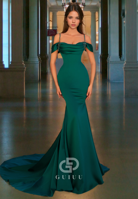 Mermaid Pleated Dark Green Prom Dress Sweep Train Evening Dress with Beads