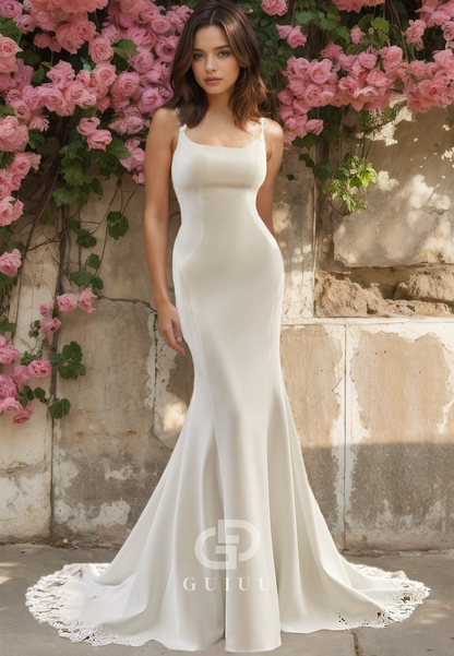 Mermaid Square Open Back Sweep Train Wedding Dress with Buttons and Straps