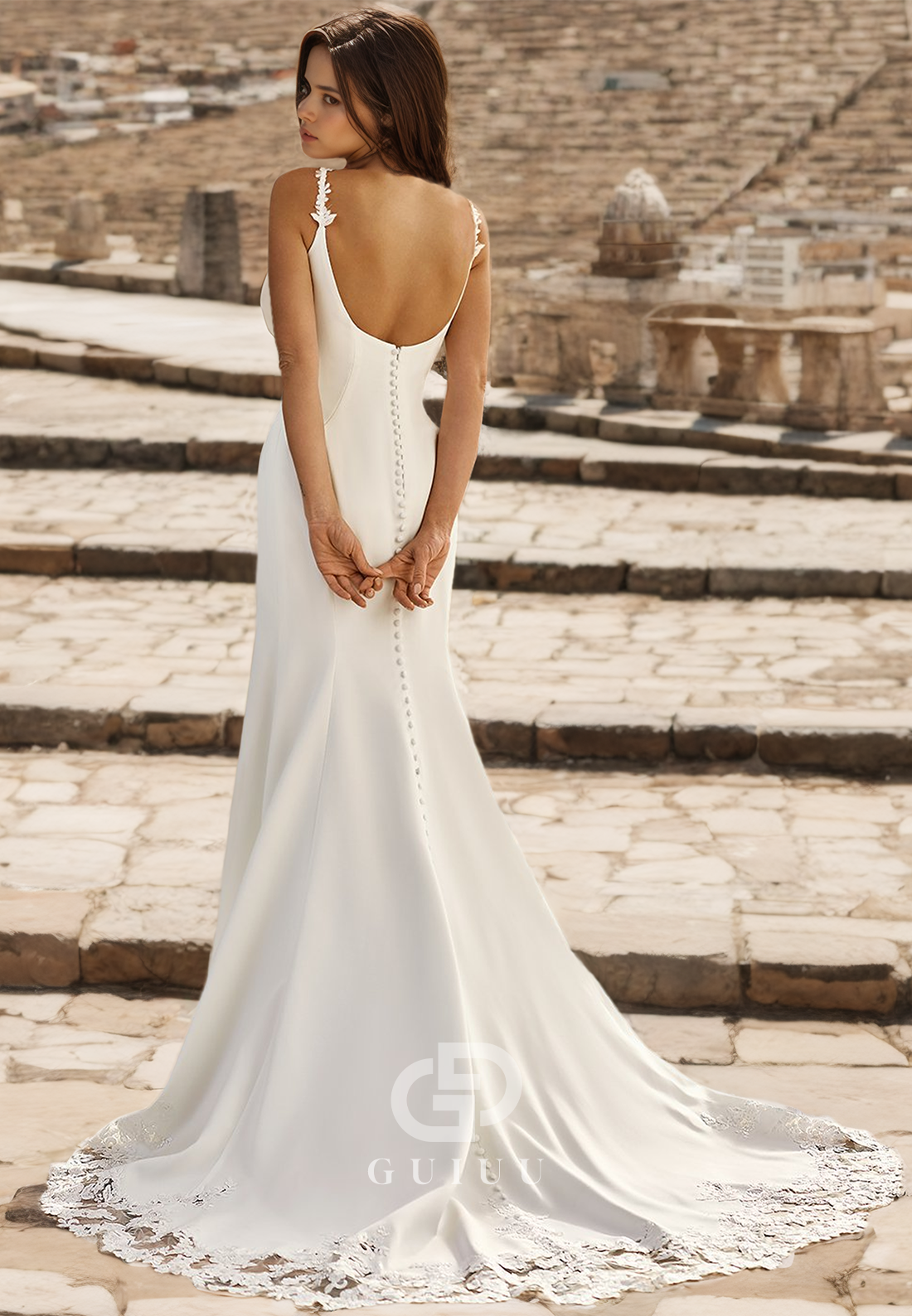 Mermaid Square Open Back Sweep Train Wedding Dress with Buttons and Straps