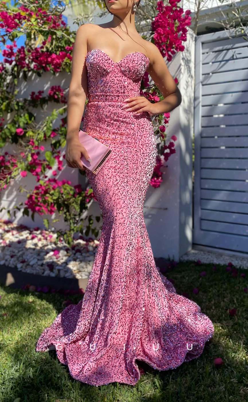 G3293 - Chic & Modern Strapless Sequins Hot Pink Long Party Prom Evening Dresses