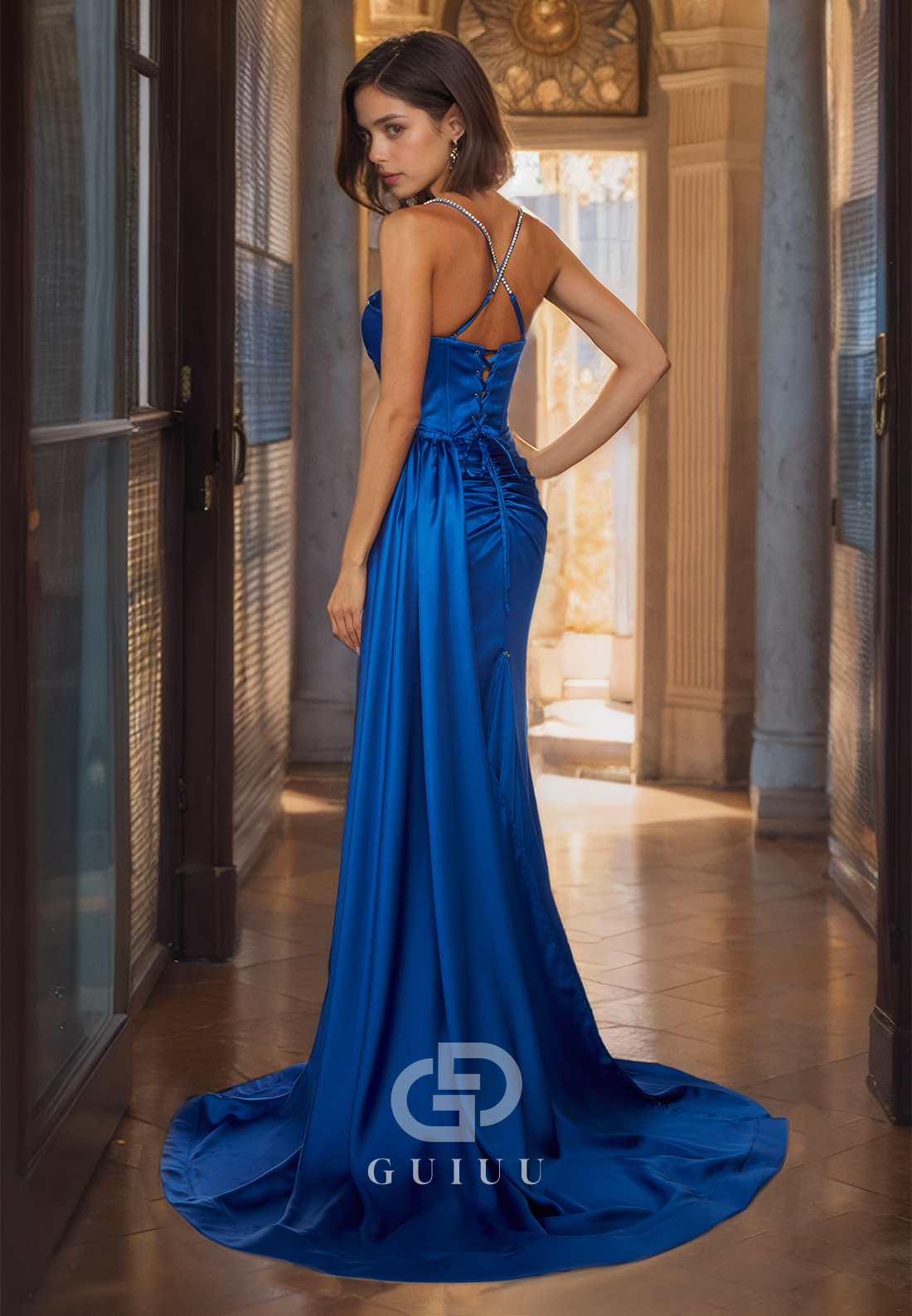 Navy Draped Long Lace-Up Prom Dress with High Side Slit and Beaded Spaghetti Straps Crisscross Back