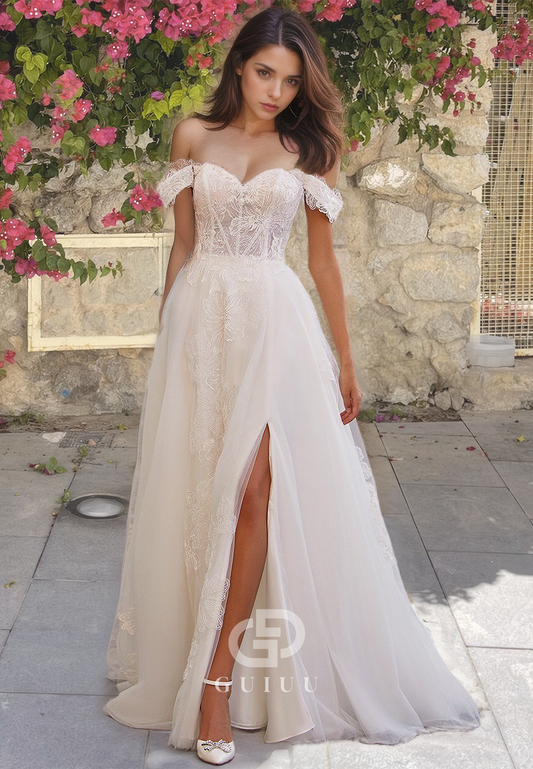 Off-Shoulder A-Line Draped Open Back Lace Appliques Wedding Dress with Side Slit