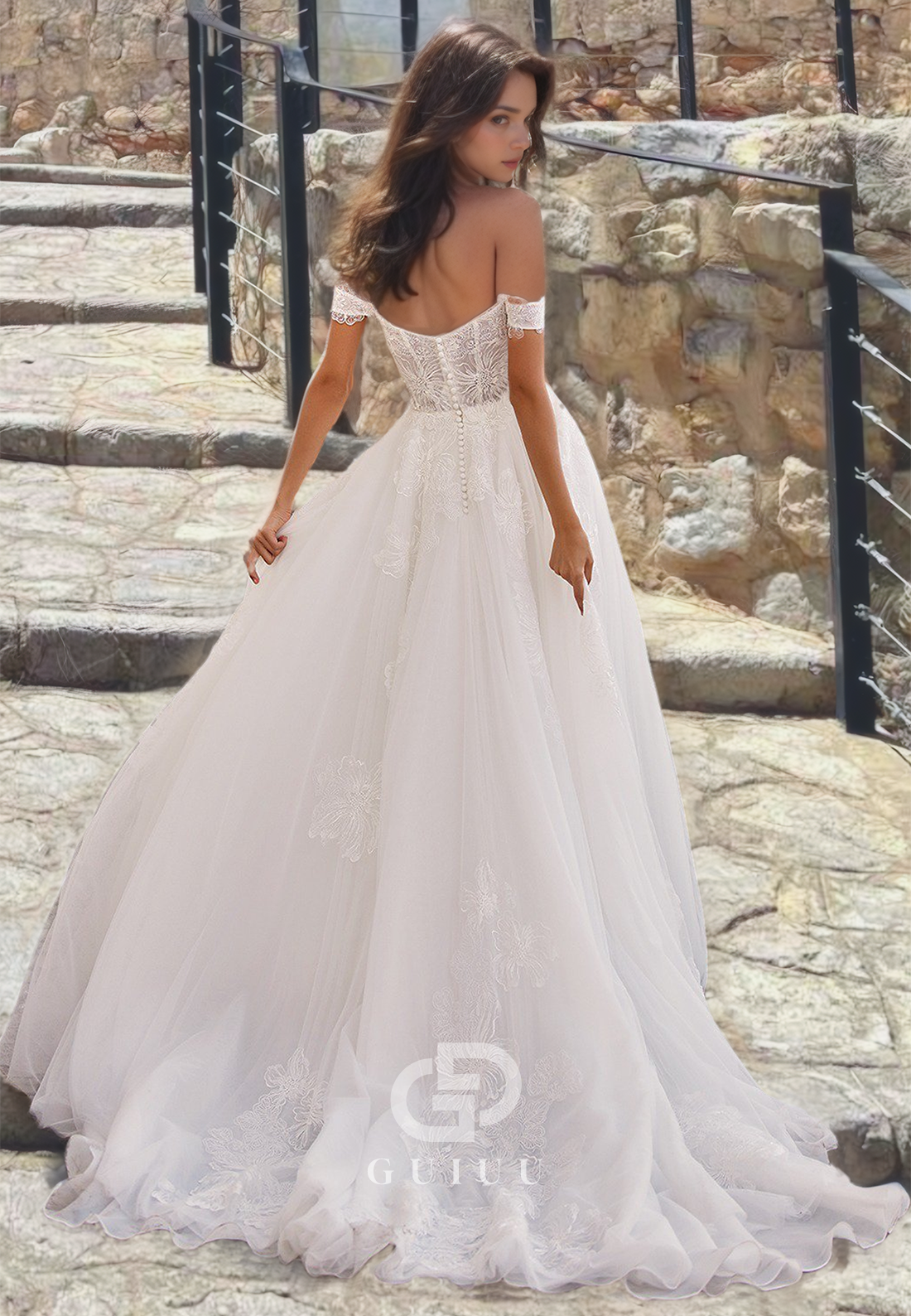 Off-Shoulder A-Line Draped Open Back Lace Appliques Wedding Dress with Side Slit