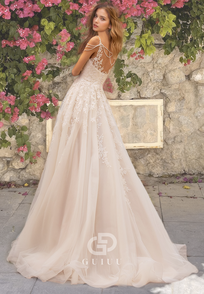 Off-Shoulder A-Line Tulle Sweetheart Wedding Dress with Lace Appliques and Beaded Straps