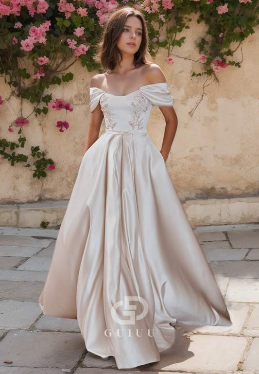 Off-Shoulder Beaded Satin Wedding Dress Pleated with Lace Appliques and Pockets