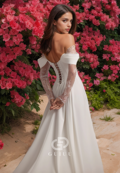 Off-Shoulder Draped Lace lined High Side Slit Wedding Dress with Sweep Train