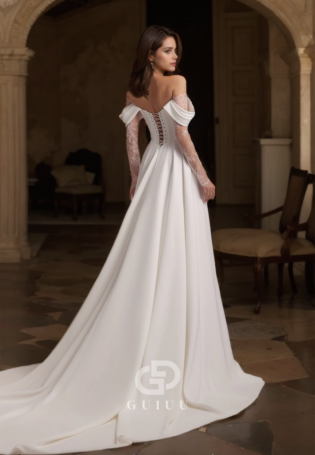 Off-Shoulder Draped Lace lined High Side Slit Wedding Dress with Sweep Train