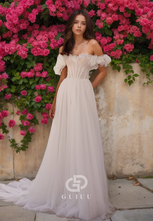 Off-Shoulder Flower Tulle Pleated Wedding Dress with Sweep Train