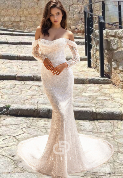 Off-Shoulder Fully Sequined Mermaid Strapless Open Back Wedding Dress with Sleeves