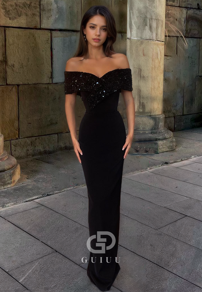 Off-Shoulder Simple Prom Dress Slim Black Evening Dress with Sequins