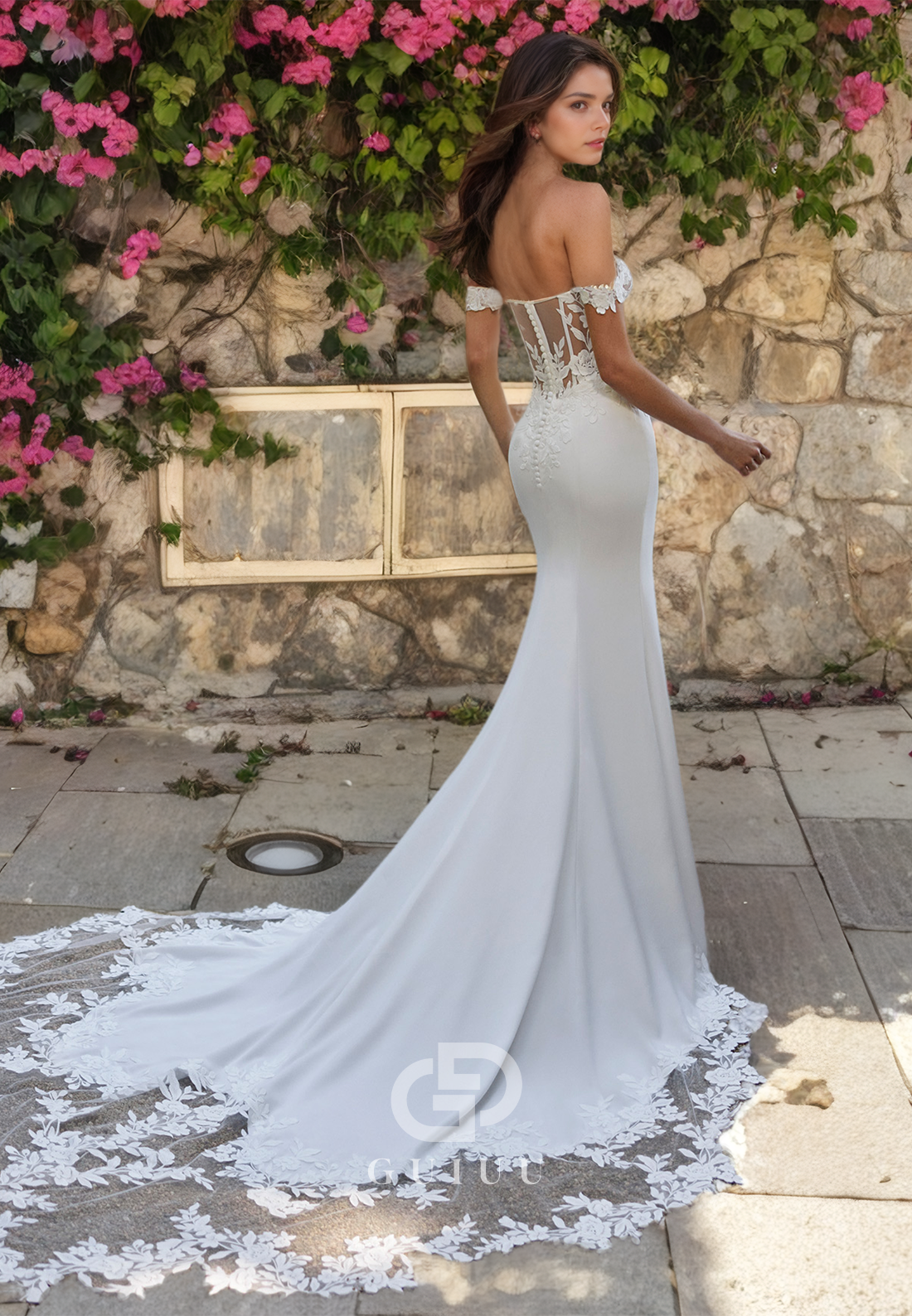 Off-Shoulder V-Neck Lace Appliques Wedding Dress with Sweep Train