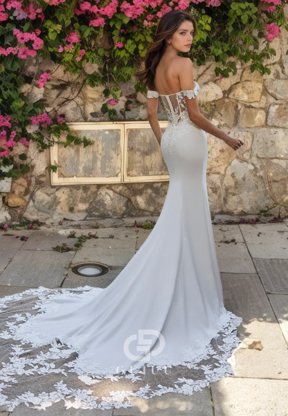 Off-Shoulder V-Neck Lace Appliques Wedding Dress with Sweep Train